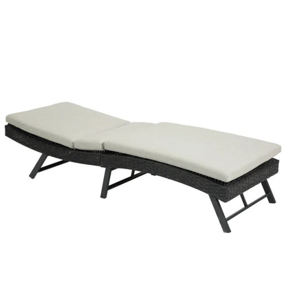 Steel folding Lounge Sets Outdoor Rattan Adjustable Back 3 Pieces Cushioned Patio Folding Chaise Lounge with Folding Table (Beige)-海智集-Default-