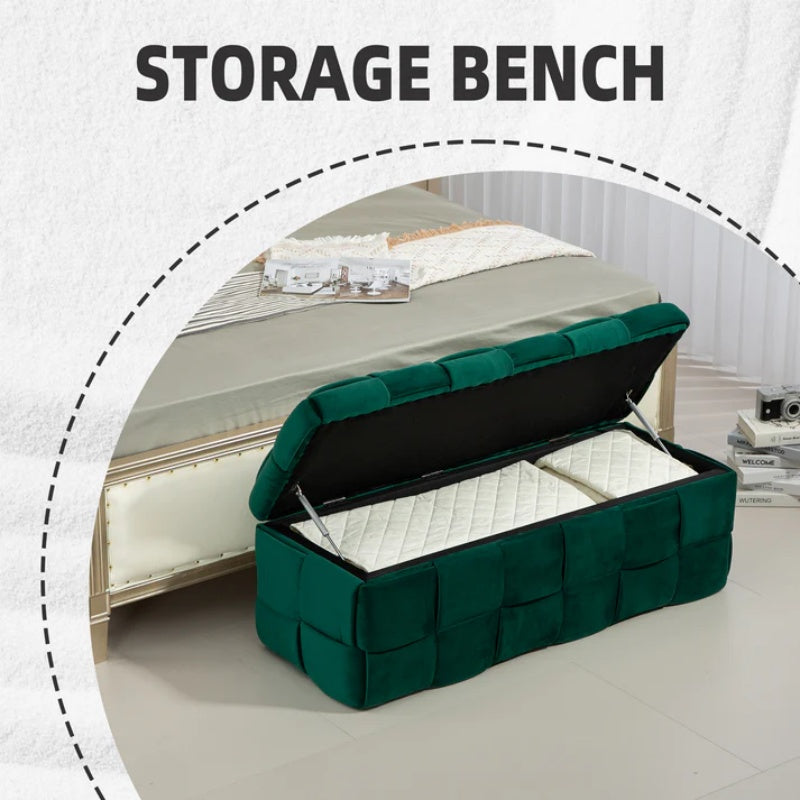 Green Upholstered Fabric Storage Ottoman Bench with Safety Hinge for Living Room & Bedroom-海智集-Default-
