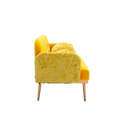 COOLMORE Modern Velvet Loveseat Sofa , Comfy Upholstered 2-Seater Sofa with Gold Metal Legs, Small Loveseat Accent Couch for Living Bedroom Leisure Areas (Yellow Velvet)-海智集-Default-