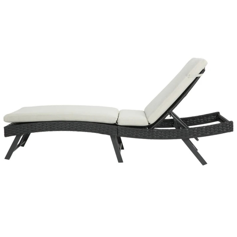 Steel folding Lounge Sets Outdoor Rattan Adjustable Back 3 Pieces Cushioned Patio Folding Chaise Lounge with Folding Table (Beige)-海智集-Default-