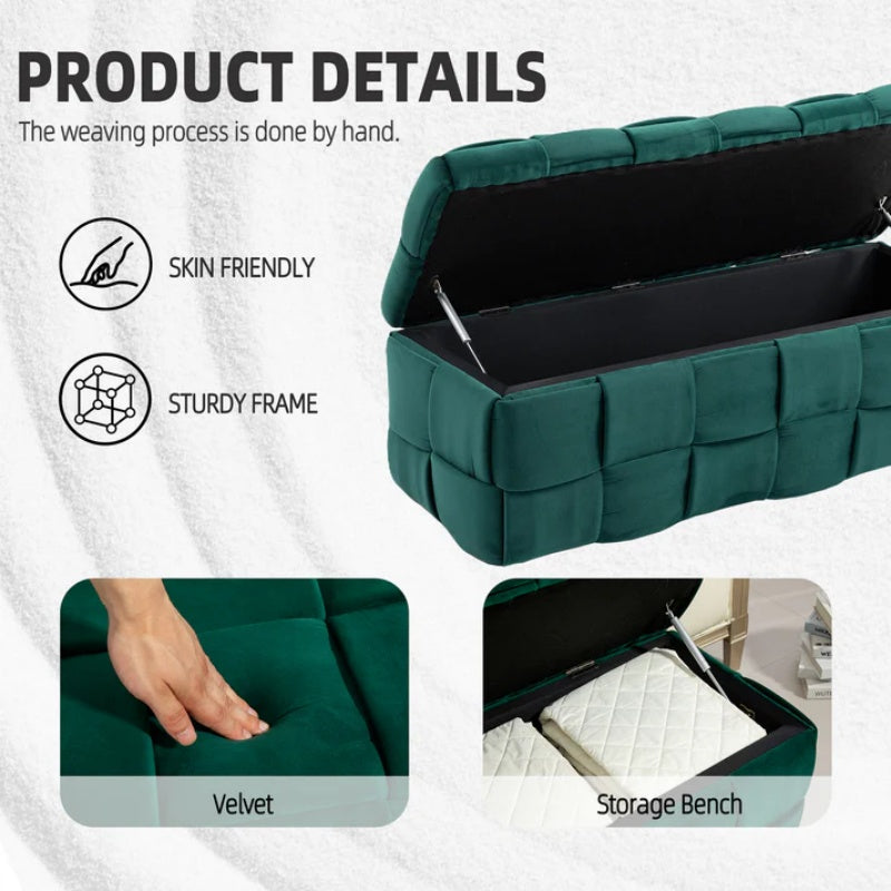 Green Upholstered Fabric Storage Ottoman Bench with Safety Hinge for Living Room & Bedroom-海智集-Default-