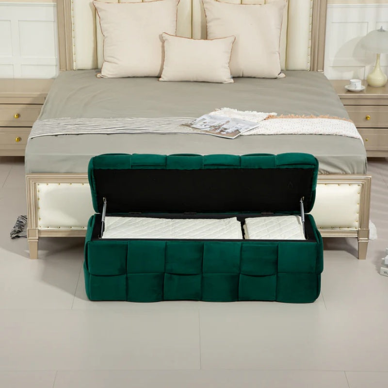 Green Upholstered Fabric Storage Ottoman Bench with Safety Hinge for Living Room & Bedroom-海智集-Default-