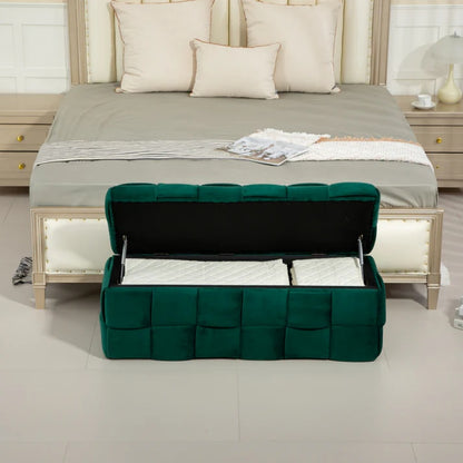 Green Upholstered Fabric Storage Ottoman Bench with Safety Hinge for Living Room & Bedroom-海智集-Default-