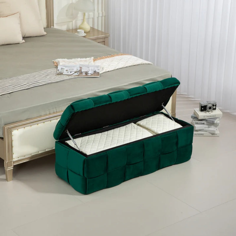 Green Upholstered Fabric Storage Ottoman Bench with Safety Hinge for Living Room & Bedroom-海智集-Default-