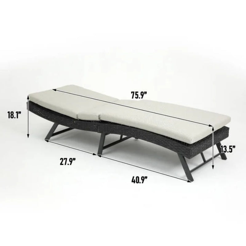 Steel folding Lounge Sets Outdoor Rattan Adjustable Back 3 Pieces Cushioned Patio Folding Chaise Lounge with Folding Table (Beige)-海智集-Default-