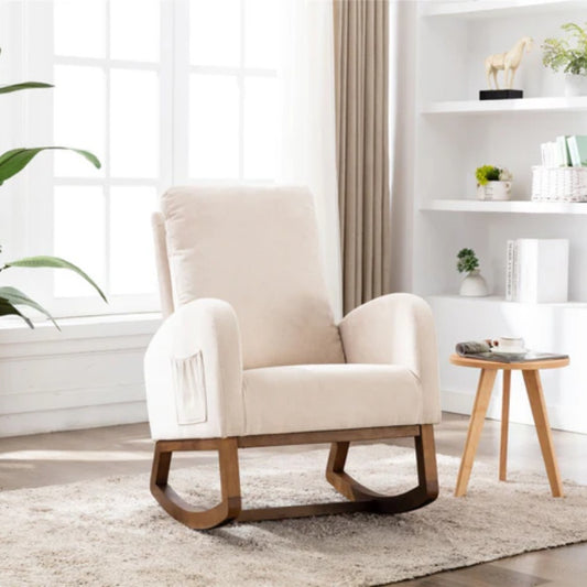 COOLMORE Rocking Chair, Modern Glider Chair, Recliner Armchair with Wood Legs and Side Pocket, Nursery Rocking Accent Chair with High Back for Living Room Bedroom (Beige linen)-海智集-Default-
