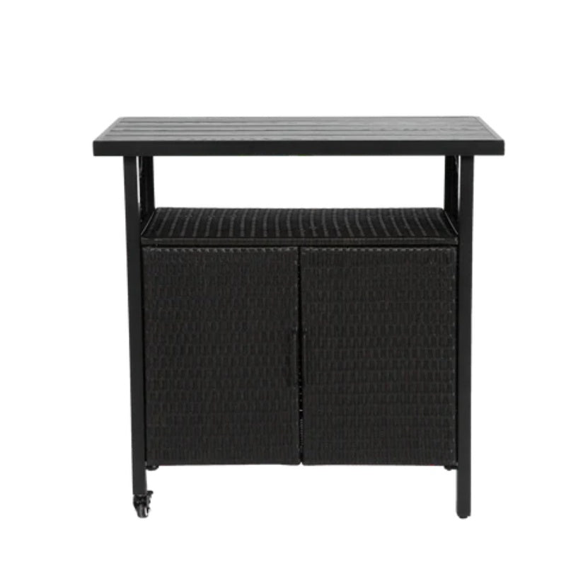 Outdoor Wicker Bar Cart, Patio Wine Serving Cart w/Wheels , Rolling Rattan Beverage Bar Counter Table w/Glass Top for Porch Backyard Garden Poolside Party, Black-海智集-Default-