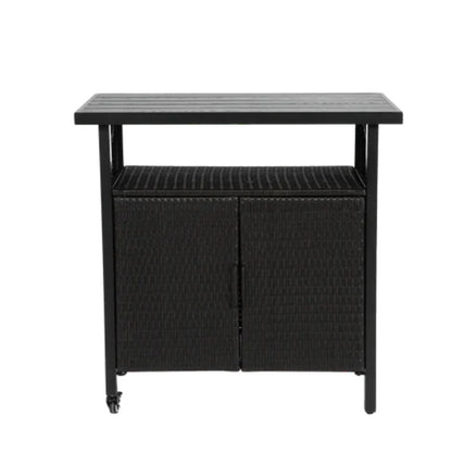 Outdoor Wicker Bar Cart, Patio Wine Serving Cart w/Wheels , Rolling Rattan Beverage Bar Counter Table w/Glass Top for Porch Backyard Garden Poolside Party, Black-海智集-Default-