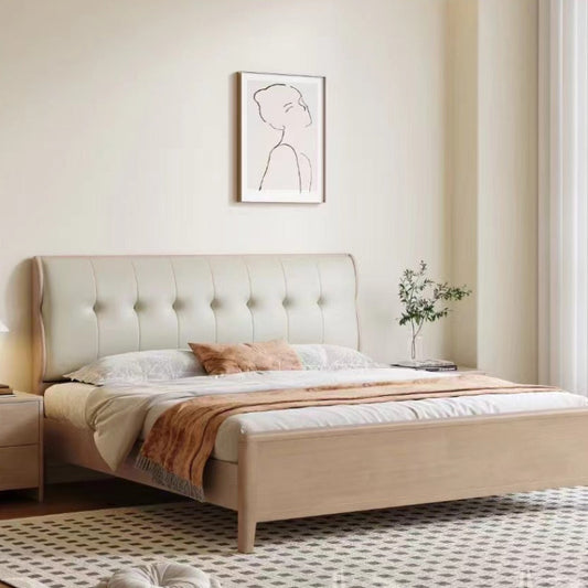 Yiran Ju Series Rubber Wood Log Style Cream Style Minimalist Style Solid Wood Bed 6601 Warm Apricot + Off-White (Including Oak Bed Board)-海智集-