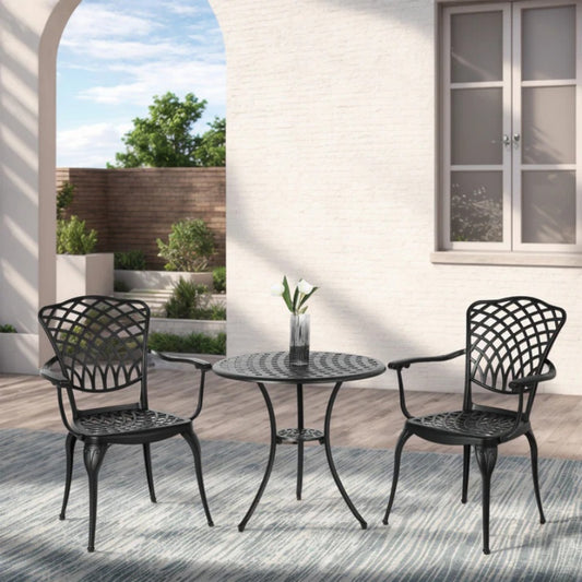 3 Piece Patio Bistro Set Cast Aluminum Bistro Table and Chairs Set of 2 with Umbrella Hole,All Weather Metal Bistro Table Set,Outdoor Patio Furniture Set for Garden Black-海智集-Default-