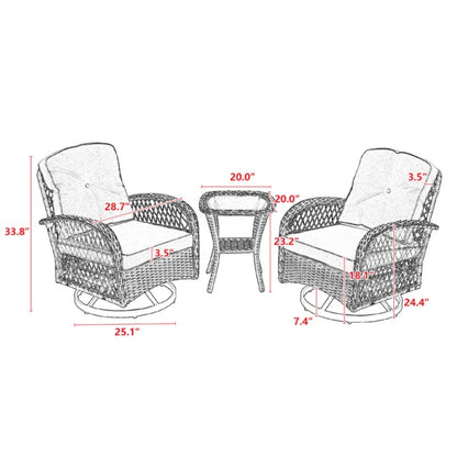 3 Pieces Outdoor Swivel Rocker Patio Chairs, 360 Degree Rocking Patio Conversation Set with Thickened Cushions and Glass Coffee Table for Backyard, Grey-海智集-Default-