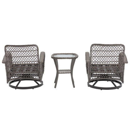 3 Pieces Outdoor Swivel Rocker Patio Chairs, 360 Degree Rocking Patio Conversation Set with Thickened Cushions and Glass Coffee Table for Backyard, Grey-海智集-Default-