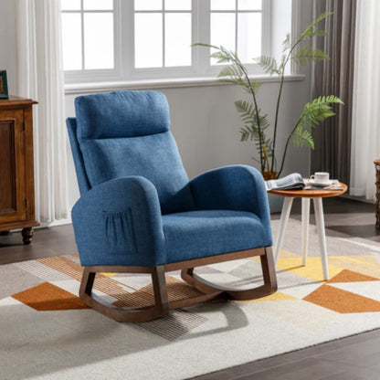 Rocking Chair, Modern Glider Chair, Recliner Armchair with Wood Legs and Side Pocket, Nursery Rocking Accent Chair with High Back for Living Room Bedroom (Blue linen)-海智集-Default-
