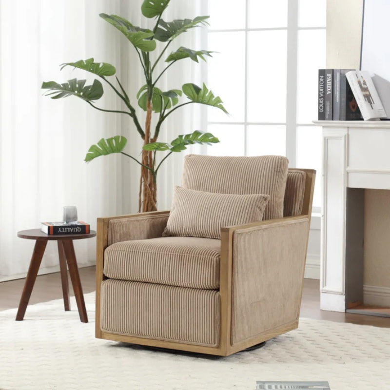 Corduroy Swivel Barrel Chair Comfy Accent Sofa Chair 360 Degree Swivel Camel Hardwood and Metal Frame 26.77x33.46x30.71-海智集-Default-