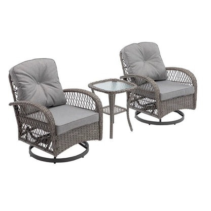 3 Pieces Outdoor Swivel Rocker Patio Chairs, 360 Degree Rocking Patio Conversation Set with Thickened Cushions and Glass Coffee Table for Backyard, Grey-海智集-Default-