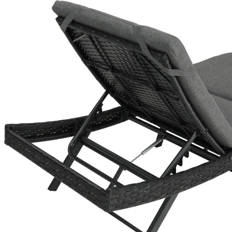 Steel folding Lounge Sets Outdoor Rattan Adjustable Back 3 Pieces Cushioned Patio Folding Chaise Lounge with Folding Table (Beige)-海智集-Default-