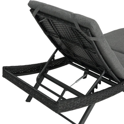 Steel folding Lounge Sets Outdoor Rattan Adjustable Back 3 Pieces Cushioned Patio Folding Chaise Lounge with Folding Table (Beige)-海智集-Default-