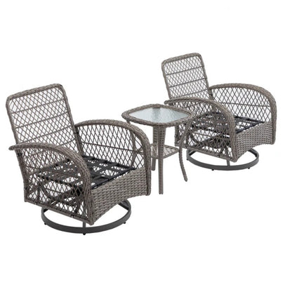 3 Pieces Outdoor Swivel Rocker Patio Chairs, 360 Degree Rocking Patio Conversation Set with Thickened Cushions and Glass Coffee Table for Backyard, Grey-海智集-Default-