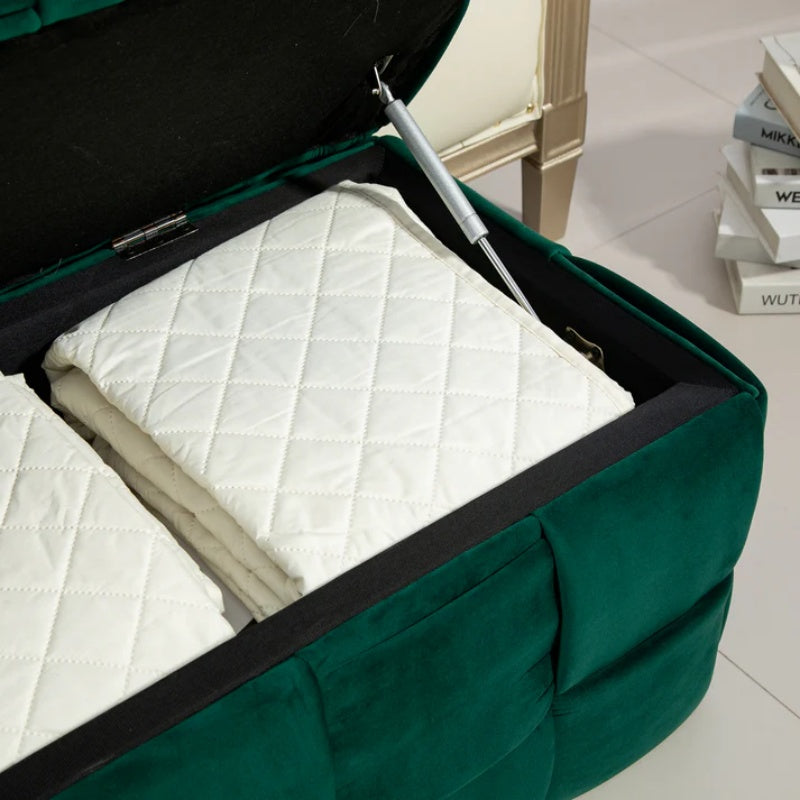 Green Upholstered Fabric Storage Ottoman Bench with Safety Hinge for Living Room & Bedroom-海智集-Default-