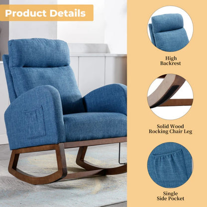 Rocking Chair, Modern Glider Chair, Recliner Armchair with Wood Legs and Side Pocket, Nursery Rocking Accent Chair with High Back for Living Room Bedroom (Blue linen)-海智集-Default-