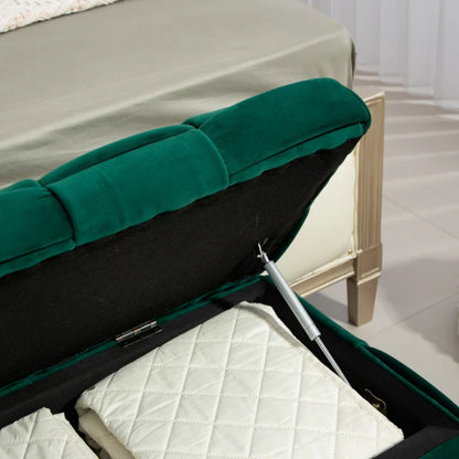 Green Upholstered Fabric Storage Ottoman Bench with Safety Hinge for Living Room & Bedroom-海智集-Default-