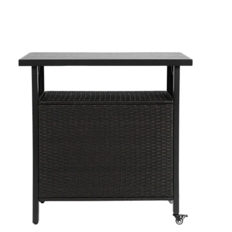 Outdoor Wicker Bar Cart, Patio Wine Serving Cart w/Wheels , Rolling Rattan Beverage Bar Counter Table w/Glass Top for Porch Backyard Garden Poolside Party, Black-海智集-Default-