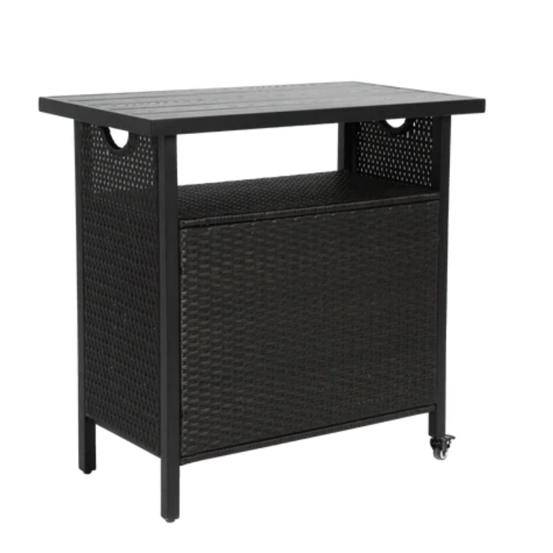 Outdoor Wicker Bar Cart, Patio Wine Serving Cart w/Wheels , Rolling Rattan Beverage Bar Counter Table w/Glass Top for Porch Backyard Garden Poolside Party, Black-海智集-Default-