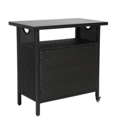 Outdoor Wicker Bar Cart, Patio Wine Serving Cart w/Wheels , Rolling Rattan Beverage Bar Counter Table w/Glass Top for Porch Backyard Garden Poolside Party, Black-海智集-Default-