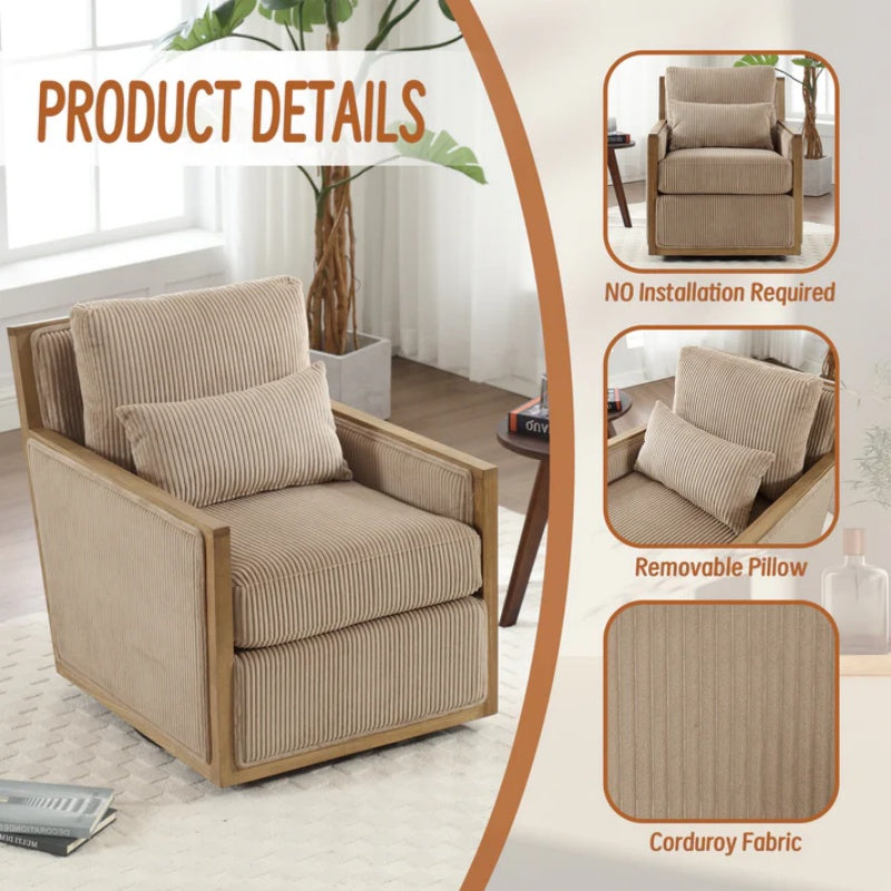 Corduroy Swivel Barrel Chair Comfy Accent Sofa Chair 360 Degree Swivel Camel Hardwood and Metal Frame 26.77x33.46x30.71-海智集-Default-