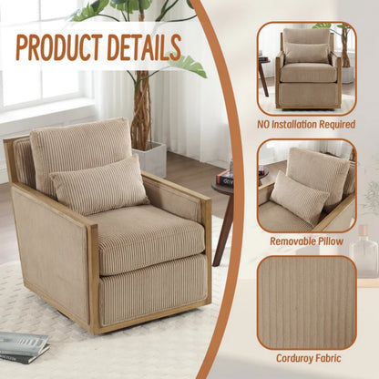Corduroy Swivel Barrel Chair Comfy Accent Sofa Chair 360 Degree Swivel Camel Hardwood and Metal Frame 26.77x33.46x30.71-海智集-Default-