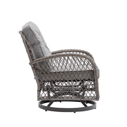 3 Pieces Outdoor Swivel Rocker Patio Chairs, 360 Degree Rocking Patio Conversation Set with Thickened Cushions and Glass Coffee Table for Backyard, Grey-海智集-Default-