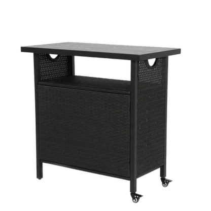 Outdoor Wicker Bar Cart, Patio Wine Serving Cart w/Wheels , Rolling Rattan Beverage Bar Counter Table w/Glass Top for Porch Backyard Garden Poolside Party, Black-海智集-Default-