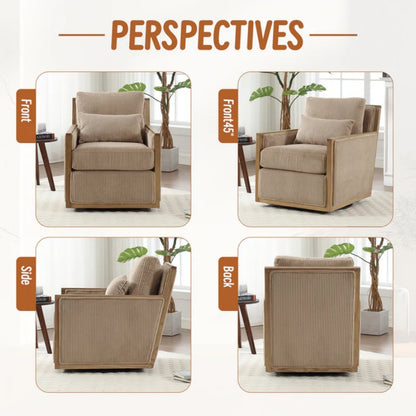 Corduroy Swivel Barrel Chair Comfy Accent Sofa Chair 360 Degree Swivel Camel Hardwood and Metal Frame 26.77x33.46x30.71-海智集-Default-