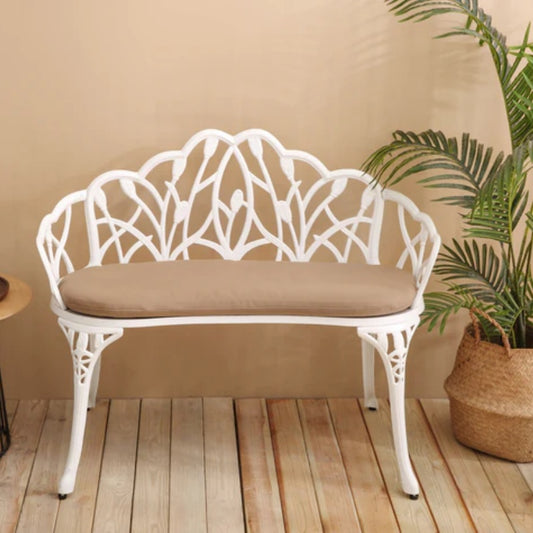 Tulip Patio Garden Bench Metal Park Bench Cast Aluminum Outdoor Furniture with Floral Rose for Patio,Park,Lawn,Yard with cushion-海智集-Default-