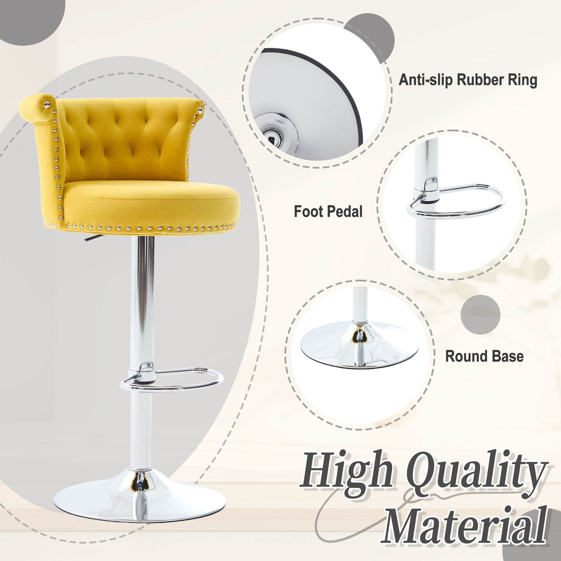 COOLMORE Velvet Bar Stool Set of 2, Adjustable Swivel Bar Stools with Silver Plated Metal Leg, Chrome Nailhead, Counter Height Chair for Kitchen,Dining Room-海智集-Default-
