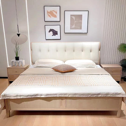 Yiran Ju Series Rubber Wood Log Style Cream Style Minimalist Style Solid Wood Bed 6601 Warm Apricot + Off-White (Including Oak Bed Board)-海智集-