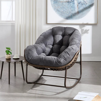 Outdoor Rattan Rocking Chair,Padded Cushion Rocker Recliner Chair Outdoor for Front Porch, Living Room, Patio, Garden, Grey-海智集-Default-