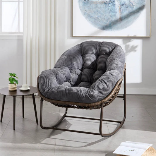 Outdoor Rattan Rocking Chair,Padded Cushion Rocker Recliner Chair Outdoor for Front Porch, Living Room, Patio, Garden, Grey-海智集-Default-