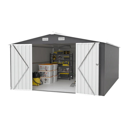Campcraft Outdoor Storage Shed 10×14 FT with 3 Lockable Doors,Utility Tool Shed Metal Storage Garden Sheds Frame and 4 Vents,for Backyard,Patio,Lawn,dark Grey-海智集-Default-