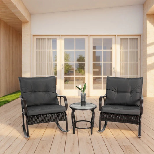 3 Pieces Patio Furniture Set Rocking Bistro Set Outdoor Rattan Conversation with Coffee Table for Garden Balcony Backyard Poolside-海智集-Default-