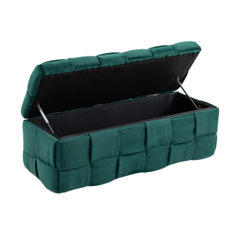 Green Upholstered Fabric Storage Ottoman Bench with Safety Hinge for Living Room & Bedroom-海智集-Default-