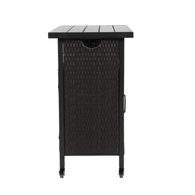 Outdoor Wicker Bar Cart, Patio Wine Serving Cart w/Wheels , Rolling Rattan Beverage Bar Counter Table w/Glass Top for Porch Backyard Garden Poolside Party, Black-海智集-Default-