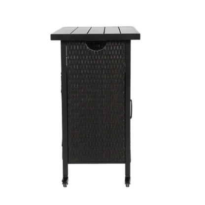 Outdoor Wicker Bar Cart, Patio Wine Serving Cart w/Wheels , Rolling Rattan Beverage Bar Counter Table w/Glass Top for Porch Backyard Garden Poolside Party, Black-海智集-Default-