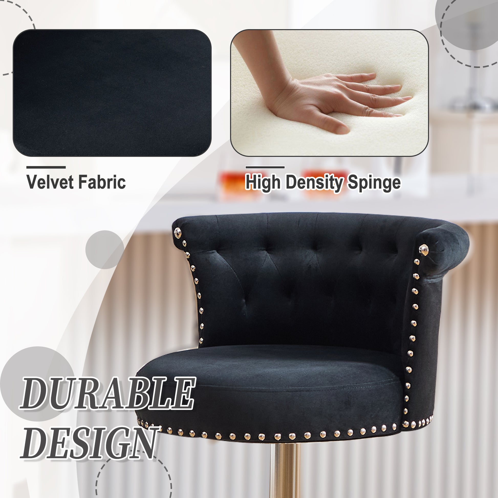 COOLMORE Velvet Bar Stool Set of 2, Adjustable Swivel Bar Stools with Silver Plated Metal Leg, Chrome Nailhead, Counter Height Chair for Kitchen,Dining Room-海智集-Default-