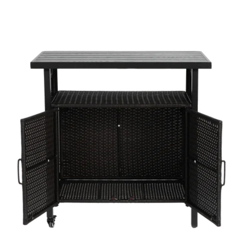 Outdoor Wicker Bar Cart, Patio Wine Serving Cart w/Wheels , Rolling Rattan Beverage Bar Counter Table w/Glass Top for Porch Backyard Garden Poolside Party, Black-海智集-Default-