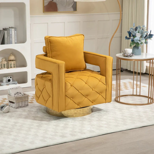 Swivel Accent Chair - Modern Accent Chair with Pillow, Velvet Armchair Side Chair with Tufted Button for Living Room, Bedroom, Office(yellow)-海智集-Default-