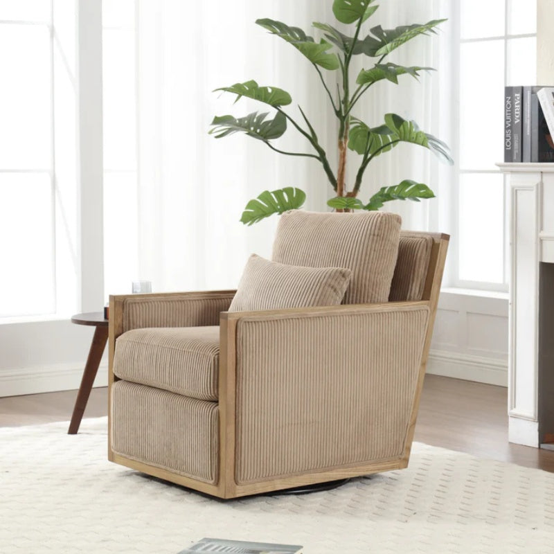 Corduroy Swivel Barrel Chair Comfy Accent Sofa Chair 360 Degree Swivel Camel Hardwood and Metal Frame 26.77x33.46x30.71-海智集-Default-