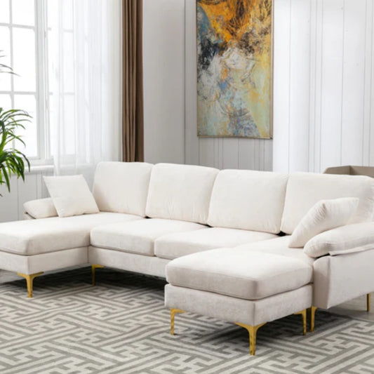 COOLMORE U-shape sectional sofa with Ottoman , Reversible Sofa Couch for Living Room,Spacious Furniture,Durable Couch Removable and machine washable cover (White Teddy)-海智集-Default-