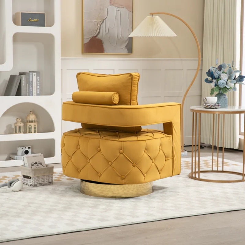 Swivel Accent Chair - Modern Accent Chair with Pillow, Velvet Armchair Side Chair with Tufted Button for Living Room, Bedroom, Office(yellow)-海智集-Default-