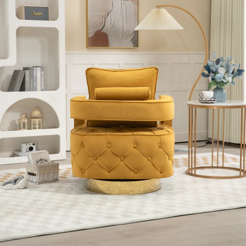 Swivel Accent Chair - Modern Accent Chair with Pillow, Velvet Armchair Side Chair with Tufted Button for Living Room, Bedroom, Office(yellow)-海智集-Default-
